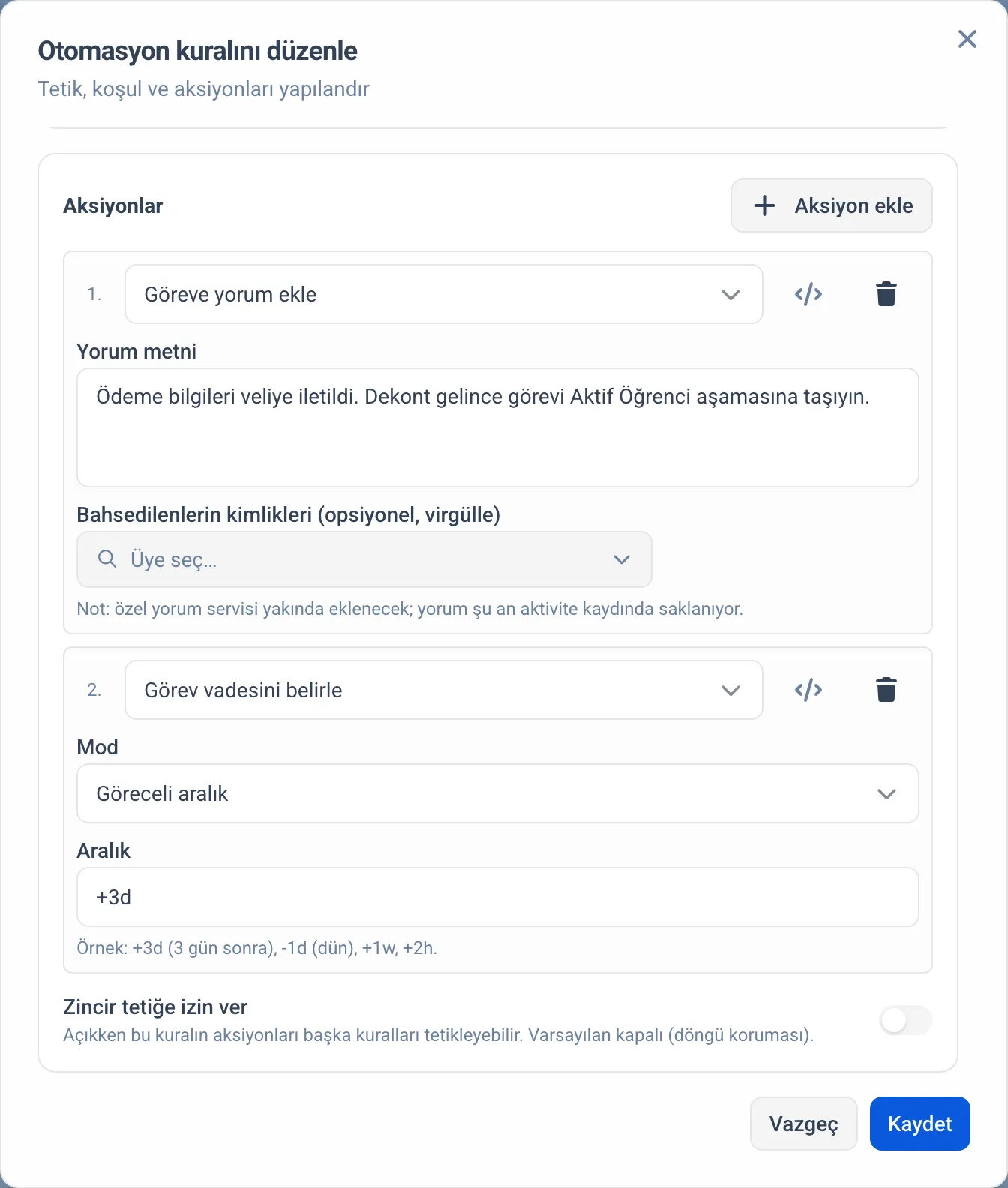 Otomasyon kuralının aksiyonları