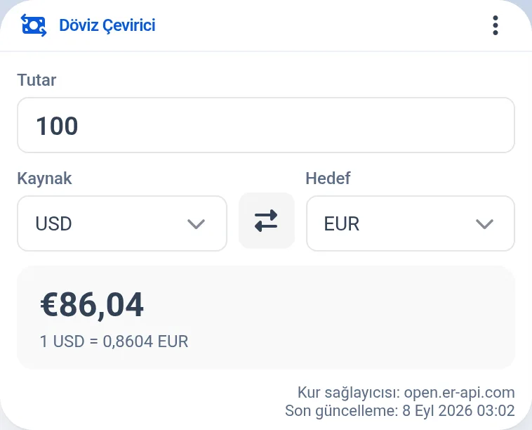 Döviz Çevirici: tutar, kaynak ve hedef para birimi, sonuç