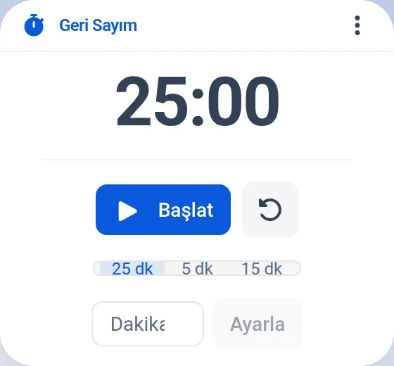 Geri Sayım: kalan süre, başlat düğmesi ve hazır süreler
