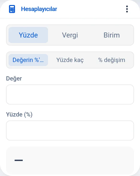 Yüzde hesaplayıcı: hesap türü ve iki değer alanı