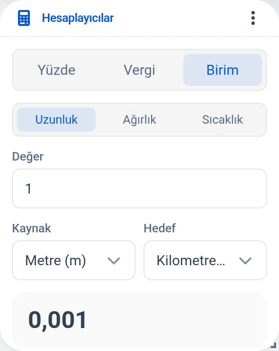 Birim çevirici: kategori, değer, kaynak ve hedef birim