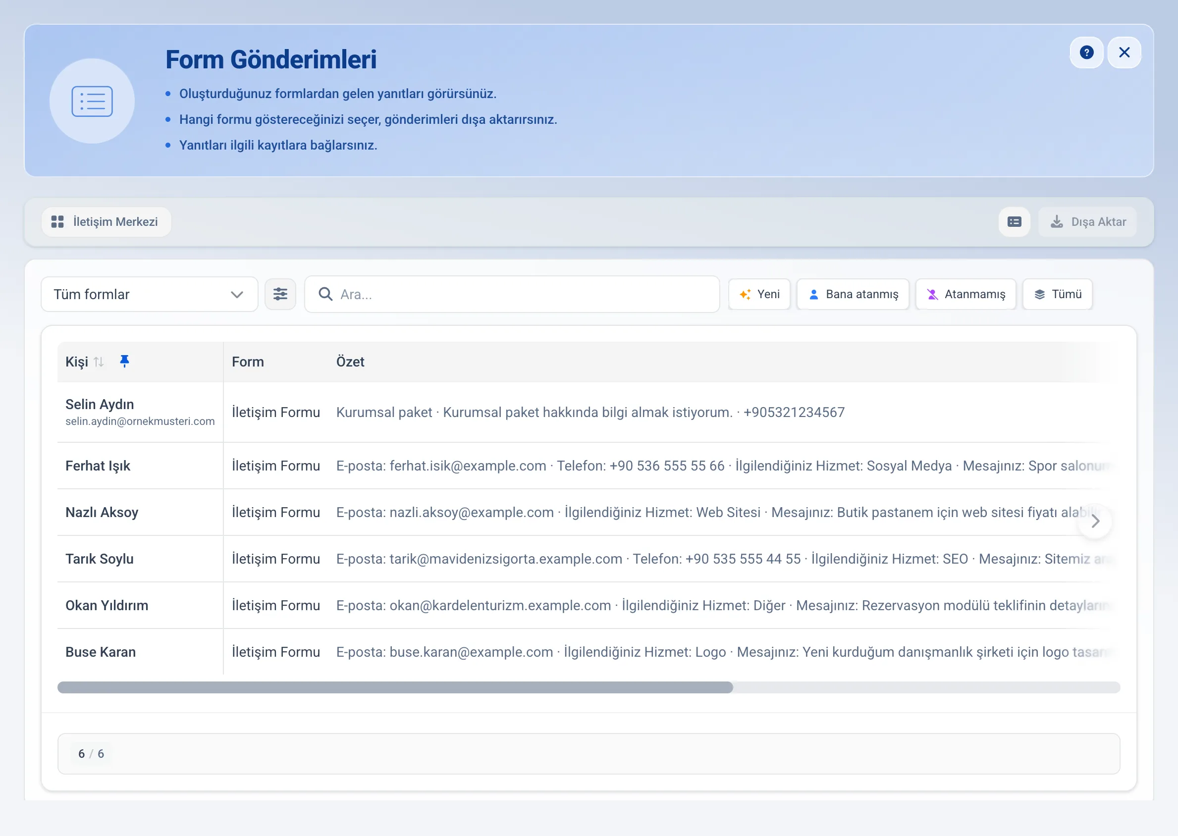 Form gönderimleri listesi: her satırda gönderen kişi, hangi form ve özet