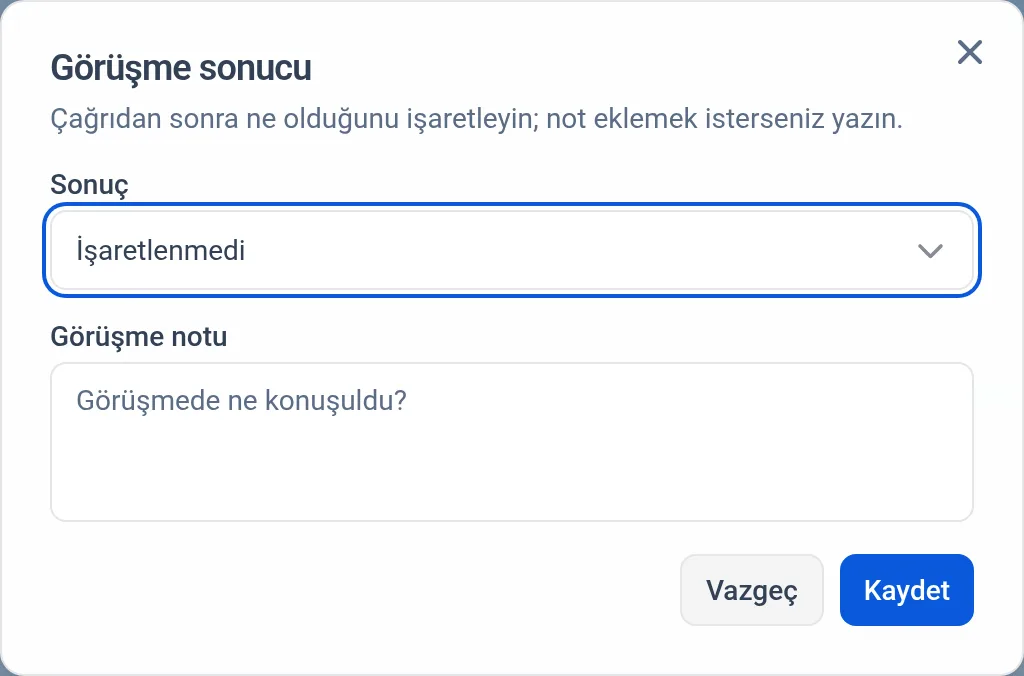 Görüşme sonucu penceresi