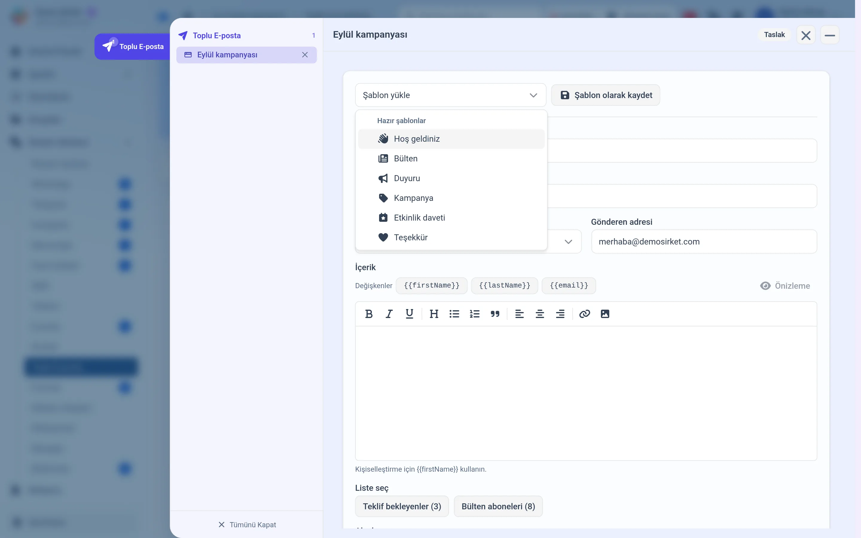 Şablon yükle listesi: altı hazır şablon